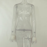 Voguable Sexy Mesh Mini Dress Women Fashion Faux Fur Tassel Full Sleeve See Through Dress Summer Pink Shinny Club Party Dress Outfit 2022 voguable