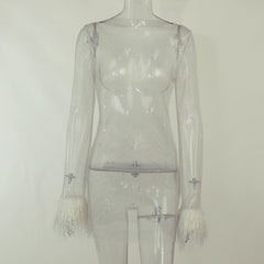 Voguable Sexy Mesh Mini Dress Women Fashion Faux Fur Tassel Full Sleeve See Through Dress Summer Pink Shinny Club Party Dress Outfit 2022 voguable