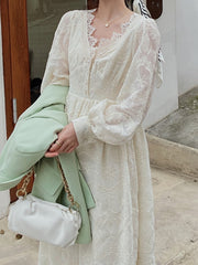 Elegant Casual Autumn Midi Women Dress Lace Long Sleeve Embroidered Vintage Slim A-Line Party Vestidos Femme Clothes Robe voguable