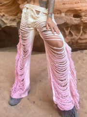 Women Fashion Y2K Solid Knitted Straight Pants Hipster Tassel Hollow Out High-Waist Bottoms Streetwear Christmas Trousers New voguable