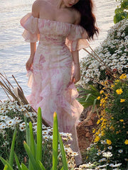 Floral Sweet Women Midi Dress Mesh Elegant Slash Neck Korean Summer Female Dresses Petal Sleeve Fashion Lady Vestido New voguable