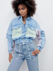 Voguable 2022 spring new women's clothing European and American style faux pearl button stitching denim jacket high waist jeans voguable