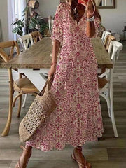 Casual Hollow Out V Neck White Lace Maxi Dress Vintage A-line Loose Embrioderied Floral Print Bohemian Long Sundress voguable