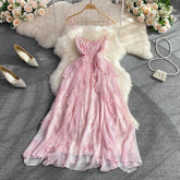 Summer Elegant Midi Dress for Women Pink Ruffle Spaghetti Strap Femlae Vestidos Flared Sexy Bright Layered Dresses Prom New In voguable