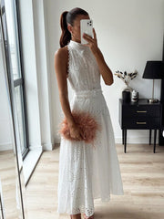 Cotton White A-line Hollow Out Belt Casual Maxi Long Summer Women Dress Halter Sleeveless Sundress Robe Party Vestidos voguable