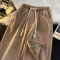 Spring New Women Vintage Jeans High Street Drawstring Wide Leg Female Denim Pants Fashion Straight Unisex Casual Trousers voguable