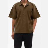 High Quality Streetwear Fashion Pleated Short Sleeve Men's Shirt Single Breasted Off Shoulder Teenager Oversized Tops voguable