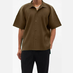 High Quality Streetwear Fashion Pleated Short Sleeve Men's Shirt Single Breasted Off Shoulder Teenager Oversized Tops voguable