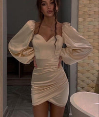 Voguable Dulzura Solid Women Satin Lantern Sleeve Mini Dress Slit Ruched Bodycon Sexy Party Elegant Streetwear Club 2021 Spring Summer voguable