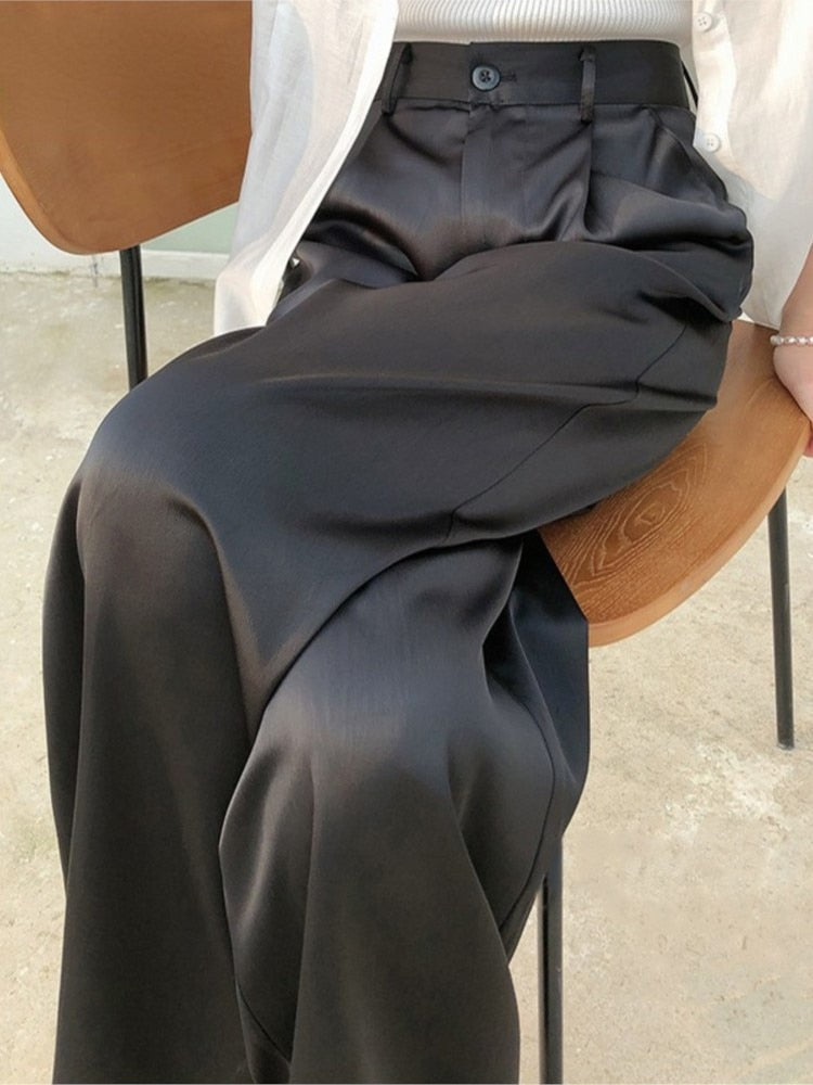 Spring Summer Women's Pants Casual Loose Black Straight High Waist Korean Silk Satin Wide Leg Trousers Female Fashion Pantalon voguable
