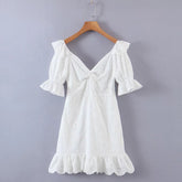 Ruffles Puff Sleeve White Lace Dress Flower Embriodery Hollow Out Cotton Beach Dress Women Backless Party Mini Dress voguable