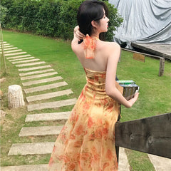 Voguable Women Midi Floral Halter Slip Dress Summer 2022 Vintage Painting Flowers Backless Casual Party Night Vacation Runway Vestidos voguable