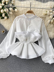Spring Autumn Women New Draped Ruffle Blouse Vintage Stand Collar Puff Long Sleeve Single Shirt Slim Female Tops voguable