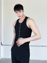 Summer Men's Vest Personalized Metal Button Decorative Slim Top Fashion Solid Color Round Neck Simple Male Tops voguable