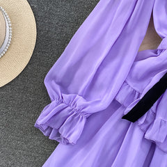 Summer Elegant Midi Dress for Women Ruffle Patchwork Bow Tie Neck Long Sleeve Female Vestidos Thin Chiffon Elegant New In Chic voguable
