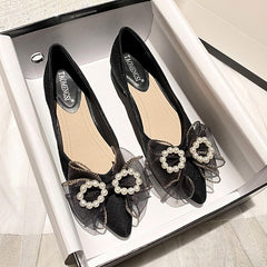 Low Heels Pearl Decorateion Shallow Mouth Shoes Casual Female Sneakers All-Match Round Toe Bow-Knot Large Size Women Flats Modis voguable