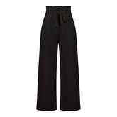 Belt Waist Elastic Wide Leg Black Long Pants Women High Waist Zip Solid Office Lady Pockte Ruffles White Fashion Trouser voguable