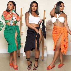 Neon Split Stretch Pleated Wrap Skirt Women Clothing 2023 Fashion Sexy Summer Beach Vacation Midi Skirts voguable