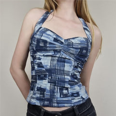 Women's Clothing Summer Cowboy Checkered Crop Tops Sexy Halter Neck Tank Sleeveless Backless Y2k Streetwear voguable