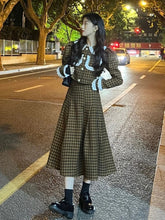 Spring Autumn Lace Plaid Suit New Elegant Short Plaid Coat Top + High Waist Skirt Long Skirt 2 Pcs voguable