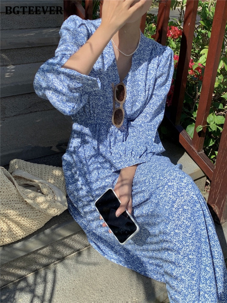 Voguable Casual V-neck Slim Waist Female A-line Dress 2022 Spring Summer Long Sleeve Elegant Floral Printed Women Dress vestidos voguable