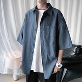 Oversize Solid Color Men Shirt Short Sleeve Pockets Summer Blouses Classic Tops Fashion Korean Clothing Male Cardigan voguable