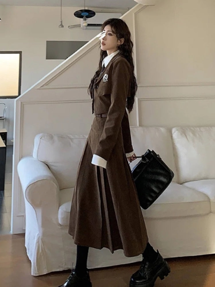 Autumn Suit Women's Retro Design College Style Short Coat+Shirt+Vest+Half Length Skirt Slim Versatile Four Piece Set Women voguable
