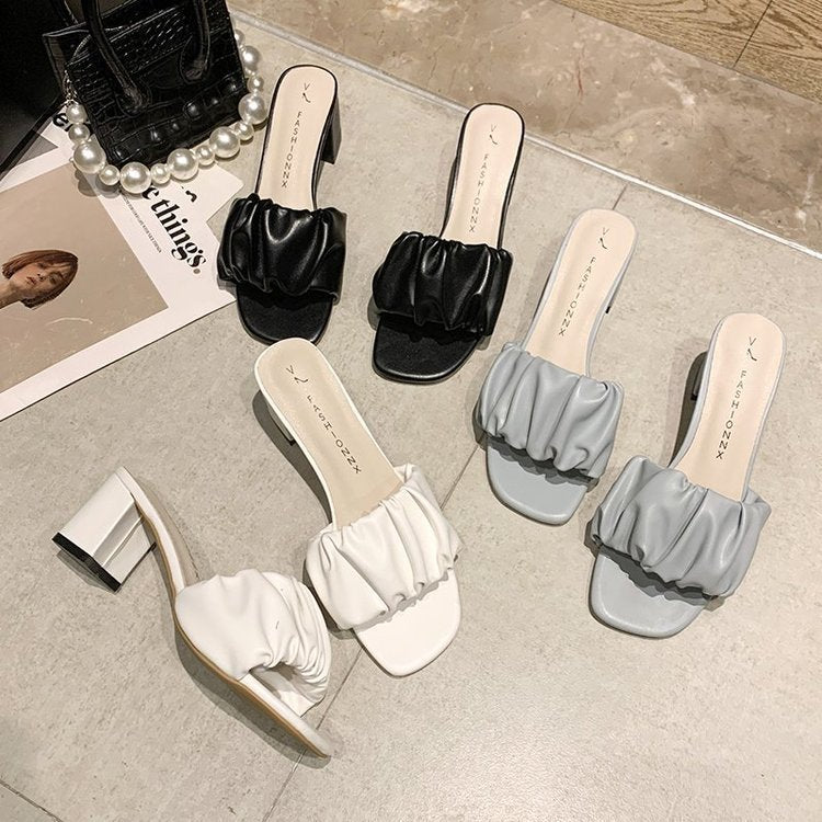 Square heel Female Shoes Slippers Heels Low Slides Fashion Block High Luxury Basic Rubber Rome Fabric Scandals PU Toe Hoof voguable