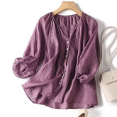 Elegant Casual Loose Cotton Women Blouse Fashion O Neck Vintage Puff Sleeve Buttons Shirts Women Summer Office Ladies Tops voguable