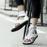 Sandals Men Shoes PU Solid Color Fashion Casual Summer Street Beach Personality Toe Ring Lace-Up Bag Ankle Buckle Sandals CP002 voguable