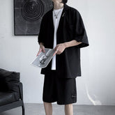 M-3XL Cargo Sets Men Two Piece Summer Notch Shirts Elastic Waist Shorts Summer Korean Fashion Streetwear Baggy Soft Thin Chic voguable