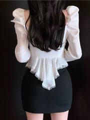 Spring Autumn Vintage Chiffon Lace Sexy Blouse For Women Sweet Empire Waist Skinny Solid Party Tops Female New Clothes voguable