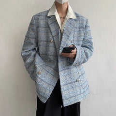 Double Breasted Men's Coat Loose Thickened Tweed Suit 2023 Spring Autumn Casual Korean Fashion Male Blazer voguable