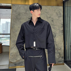 Male Stylish Burrs Shirt Niche Design Casual Long Sleeve Short Top Men's Solid Color Turn-down Collar Clothing voguable