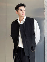 Men's Wear Korean Trendy Girdle Vest Male New Autumn Round Collar Sinel Breasted Sleeveless Clothing With Belt voguable