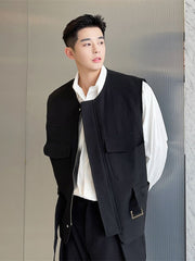 Men's Wear Korean Trendy Girdle Vest Male New Autumn Round Collar Sinel Breasted Sleeveless Clothing With Belt voguable