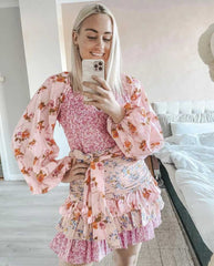 Women's spring summer dress long sleeve V-neck tiered ruffled dress women floral print elegant party dress voguable
