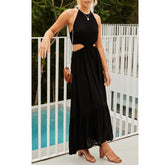 Casual Women Maxi Cotton Rayon Dress Blue Elegant Waist Hollow Out Sleeveless Sexy Beach Long Dress Holiday New Dress voguable