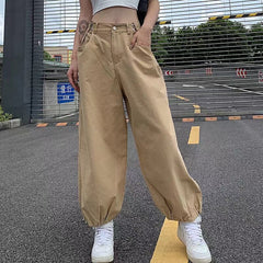Voguable Khaki Oversized Cargo Baggy Pants Y2K Hip Hop Style Loosed Adjustable Waist Drawstring Long Pant Streetwear 90s Style Clothes voguable