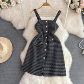 Autumn Sexy Tweed Dress for Women Sleeveless Bodycon Female Vestidos Chic Strap Single Breasted Tarf Female Vacation Runway New voguable