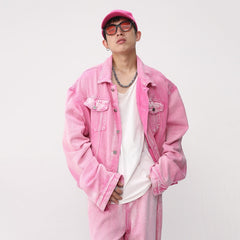 Trendy Korean Male Pink Color Set Solid Color Lapel Denim Jacket Coat Wide Leg Straight Jeans Men's Casual Two Piece 9A8557 voguable
