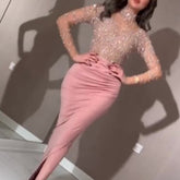 2022 Summer Women Glitter Sequin Dress Shiny O Neck Mesh Patchwork Club Party Long Sleeve Bodycon Ruched Long Split Dresses Pink voguable