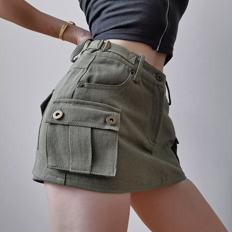 Sexy Low Waist Mini Skirt Women Y2K Aesthetic 2000s Vintage A-line Wild Pockets Ultrashort Clubwear Cargo Skirts with Shorts voguable