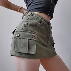 Sexy Low Waist Mini Skirt Women Y2K Aesthetic 2000s Vintage A-line Wild Pockets Ultrashort Clubwear Cargo Skirts with Shorts voguable
