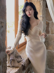 Autumn Elegant Ribbed Knitted Dresses For Women Winter Bodycon Evening Party Dress Female Fashion Long Sleeve Vestidos voguable