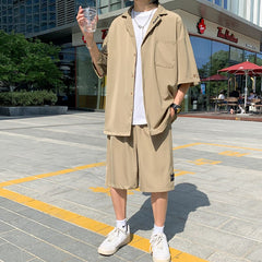 M-3XL Cargo Sets Men Two Piece Summer Notch Shirts Elastic Waist Shorts Summer Korean Fashion Streetwear Baggy Soft Thin Chic voguable
