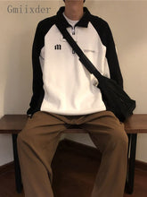 Autumn Lapel Long-sleeved Sweatshirt Men Loose American Retro Preppy Half Zip Top Goth Letter Black White Contrast Top voguable
