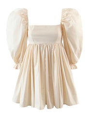 2022 Fashion Women Retro Beige Cotton Ball Gown Dress Elegant Ladies Puff Sleeve Party Mini Dresses Fairy Short Robe voguable