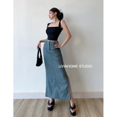 Casual Pocket Cargo Pencil Skirt Women Vintage Y2K All-match Solid Chic Side Slit Wrap Hip Summer Long Skirt Streetwear voguable