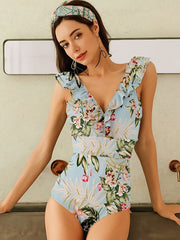 Voguable 2022 Sexy Female Retro V Neck Blue Striped Swimsuit One Piece Ruffled Push Up Padded High Waist Swimwear Women Monokini voguable